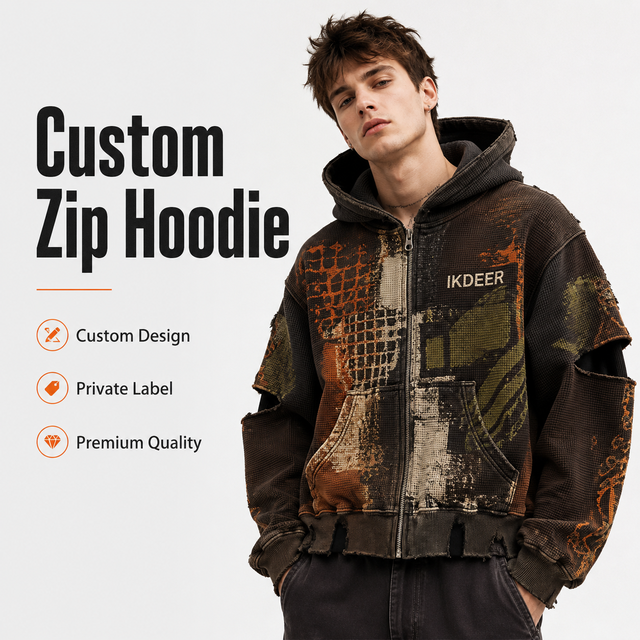 IKDEER Zip Hoodie Custom Design Private Label Distressed Grunge Print Cropped Oversized Street Jacket for Global Buyers