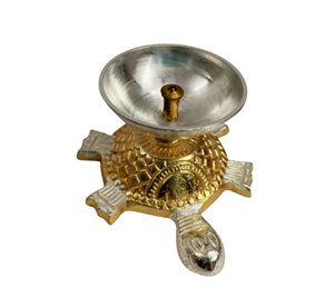 Modern Spiritual <b>Oil</b> <b>Lamp</b> <b>Brass</b> and Silver Tortoise Diya with Lit Flame Decorative Pooja Item Painted Metal Technique - Product Image 2