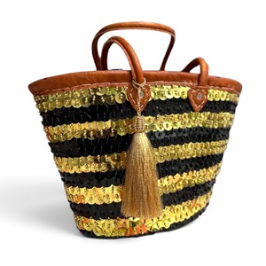 Sac fourre-tout en paille noir et or à sequins avec poignée en cuir, ouverture supérieure, style bohème marocain, pour l'été et le printemps, sac de plage unisexe - Product Image 1