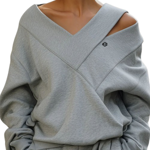 Off Shoulder <b>V</b> <b>Neck</b> Fleece <b>Sweatshirt</b> Relaxed Fit Panel Seam Soft Touch Long Sleeve Contemporary Womenswear Development - Product Image 1