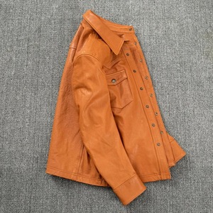 Veste en cuir d'agneau pour homme, orange, mélange végétal, coupe ajustée, chemise courte en cuir, veste en cuir pour homme - Product Image 4