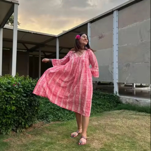 Vestido maxi de algodón étnico indio estilo bohemio con estampado de bloques de mano y mangas largas de campana vestidos casuales para mujer - Product Image 1