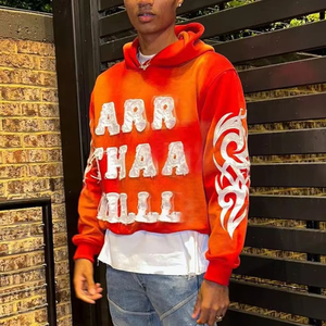 Customized Unisex <b>Red</b> Orange Distress Embroidery Graphic Printed <b>Hoodie</b> Sweatpants Tracksuit Set Fleece Winter Warm Streetwear - Product Image 6