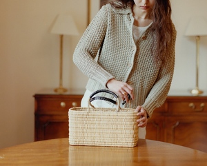 Handwoven Cartoon Medium Polyester Folding <b>Basket</b> Bag Leather Handles Zipper Closure Vintage Summer Beach Market Tote Women - Product Image 2