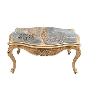 Mesa de Centro Rectangular de Lujo con Doble Superficie de Mármol Gris y Marco de Madera Tallado a Mano en Oro Antiguo para Salas de Estar Clásicas - Product Image 1