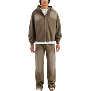 Survêtement à capuche délavé à l'acide en coton/polyester avec fermeture éclair intégrale pour hommes vintage personnalisé avec impression bouffante en strass pour survêtement d'hiver - Product Image 1