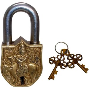Krishan Golden Brass <b>Padlock</b> with Keys Functional Working Zinc Alloy Made Lock - Product Image 1