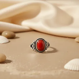 Anillo Vintage de Plata 925 con Coral y Piedra Roja Ovalada en Engaste de Bisel, Unisex, para Uso Diario, Regalo Romántico, Gema - Product Image 1