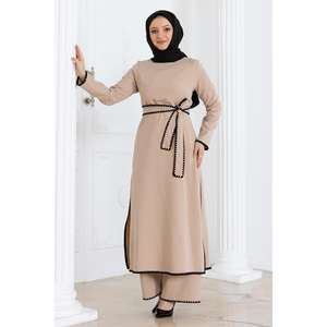 Ensemble décontracté 2 pièces beige en polyester 100% avec col rond et ceinture, style Shepherd Stitch, hauts longs mi-longueur MSW19365-5 - Product Image 3