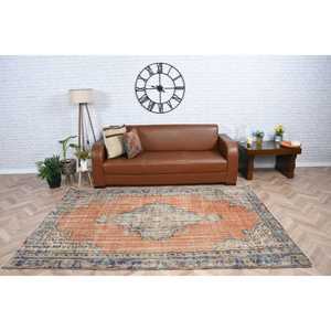 Tapis vintage 5,2 x 8,2 pieds, grand tapis turc, tapis oriental en laine orange et bleu - Product Image 2