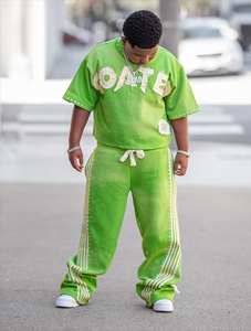 Conjuntos de dos piezas con parches bordados y apliques personalizados para niños 100% algodón a rayas de pantalones de chándal doble cintura chándal de dos piezas 2025 - Product Image 6