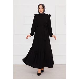 Robe de soirée modeste plissée noire avec épaules à volants - Product Image 4