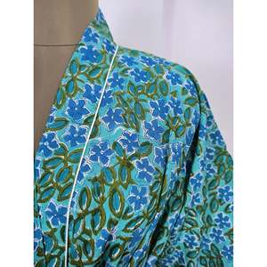 Boho House Luxurious Aqua Blue Floral Print Cotton <b>Kimono</b> Hand-Imprinted Indian Robe for Summer Elegant Cover-up for <b>Beach</b> - Product Image 2