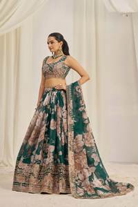 Floral Printed Organza Lehenga Set for Parties Semi-Stitched Embroidered Dupatta Unstitched Blouse Zari Dori <b>Sequin</b> Work - Product Image 4