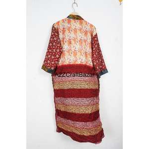 Robe longue bohème en soie pour femme, imprimé patchwork, col en V, cordon de serrage, manches longues, respirante, douce, séchage rapide, élégante - Product Image 5