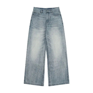 Jean en denim délavé taille haute pour homme, coupe ample, jambe large, style décontracté en coton, collection printemps - Product Image 1