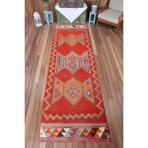 Alfombra Pequeña Vintage, Alfombra Turca de 3.3x10.7 pies, Alfombra Geométrica Naranja - Product Image 1