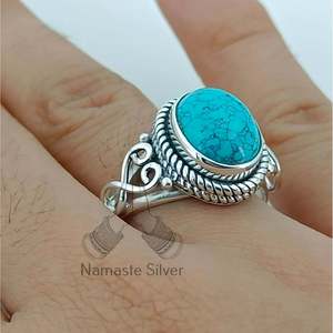 Turquoise Gemstone <b>Ring</b> Handmade Boho <b>Statement</b> Sterling <b>Silver</b> Jewelry Rhodium for Birthday Anniversary Wedding Christmas Gift - Product Image 3
