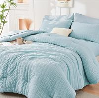Set Sprei Kasur Twin Queen King Warna Biru Muda Seersucker 7-Piece Semua Musim 100% Katun 300tc