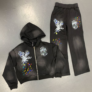 Sudaderas con capucha con cremallera lavadas con ácido Vintage personalizadas para hombre, impresión gráfica DTG, decoración de gemas, Sudadera con capucha de algodón 100% de peso pesado - Product Image 1