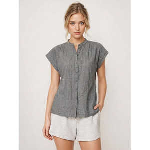 Blusa de viscosa con cuello mandarín tejida a mano para mujer, elegante, para uso diario, teñida lisa, con botones, talla XS, estilo vintage, corte holgado, para otoño y primavera, corta - Product Image 1