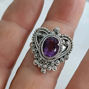 Handmade Boho <b>Statement</b> <b>Ring</b> Natural Amethyst Set Oval Cut Sterling Silver Heartshape Design Birthday Anniversary Gift for Her - Product Image 2