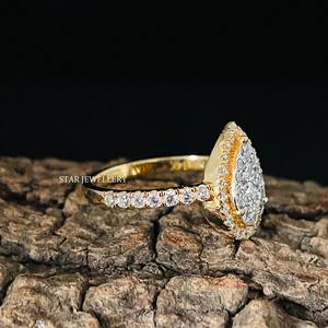 Bague de fiançailles chrétienne de luxe pour femme en or massif 14 carats avec diamant naturel taille brillant rond et halo en grappe - Product Image 3