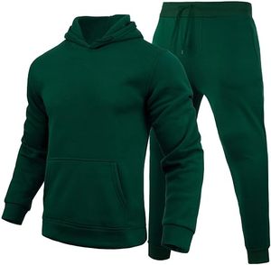 Ensemble de survêtement à capuche vert foncé pour homme, couleur unie, en coton, décontracté, sweat-shirt et pantalon à manches longues avec cordon de serrage, pour l'automne - Product Image 1