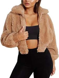 Women's Teddy Cropped <b>Faux</b> <b>Fur</b> Jacket Breathable Sheep Skin Leather Solid Pattern Zip-up with Pockets Warm Winter Coat - Product Image 5