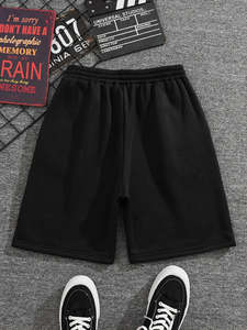 Pantalones cortos de tiro medio tejidos regulares negros para hombres con estilo, cuatro bolsillos, cierre de botón con cremallera y cinturón - Product Image 5