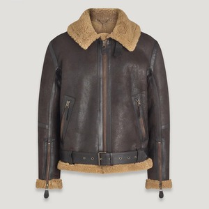 Vestes en cuir pour hommes authentiques, en peau de mouton véritable vieillie, doublure en sherpa, fausse fourrure, tricot côtelé élégant, douces, avec ceinture, style aviateur B3, bombardier - Product Image 1