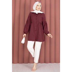 Blusa de Algodón Borgoña para Mujer, Camisa con Volantes, Cuello con Botones Decorativos, Manga Abullonada, Cintura Holgada con Detalle Fruncido, Estilo Casual Occidental - Product Image 3