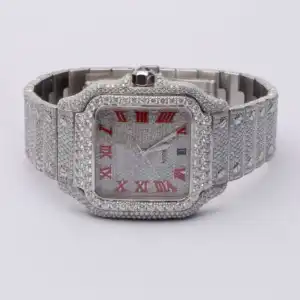 Fully Iced Out Moissanite Watch With Red Roman Numerals / Sleek Single Tone Timepiece For The Wrist Watch