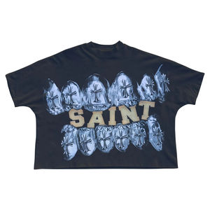 Logo personnalisé 300GSM Streetwear Box Cut Tee T Shirt T-shirt court lourd T-shirt graphique en coton surdimensionné Boxy Fit pour hommes - Product Image 4