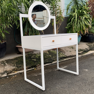 Modern White <b>Dressing</b> <b>Table</b> with LED Lighted Round <b>Mirror</b> and 2 Drawers Iron Legs BTD68019 Makeup <b>Vanity</b> for Hotels - Product Image 4