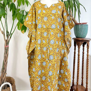 ชุดกิโมโนผ้าฝ้ายแท้พิมพ์ลายดอกไม้สไตล์อินเดียสำหรับฤดูร้อนชุดคลุมชายหาดชุดคลุมคลุมสำหรับคุณแม่สีเหลืองดิน - Product Image 1