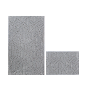 Ensemble de tapis de bain géométriques modernes en jacquard gris clair Blakel, 2 pièces, coton, 40x60cm + 60x100cm, pour la maison et l'hôtel, fabriqué en Turquie - Product Image 1