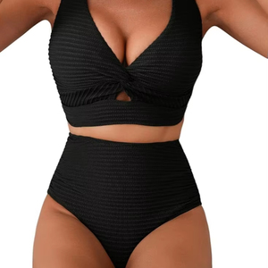 เซ็ตบิกินี่ของผู้หญิงแบบสองชิ้นสีดำแต่งระบายมีโลโก้ด้านหน้าชุดเซ็กซี่ใส่สบาย - Product Image 1