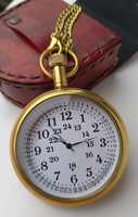 Antike Messing Taschenuhr mit Kette & Ledertasche | Vintage Style 24-Stunden-Zifferblatt Taschenuhr | Handgemachte Sammler uhr