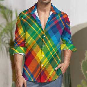 Cầu Vồng Sọc Hoa Mô Hình Giả Lanh Dài Tay Áo Của Nam Giới Áo Sơ Mi Quá Khổ Nút Xuống Trọng Lượng Nhẹ Túi Thoáng Khính-Odm Cung Cấp - Product Image 4