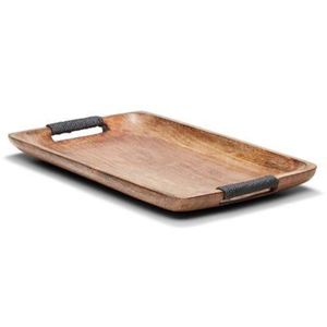Plateau de service en bambou naturel écologique avec accents en rotin tressé et poignées, plateau rectangulaire en bois pour accessoires de cuisine - Product Image 3