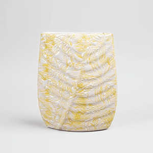 Vase en céramique moderne fait main, polyvalent, à motif de feuilles texturées orange/bleu/jaune, 14x18cm - Product Image 1