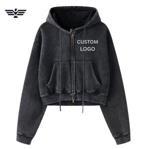 Sudadera con capucha de invierno corta desgastada para mujer, superventas de 2025, Color personalizado, estilo callejero, diseño de punto, cremallera larga, moda - Product Image 1