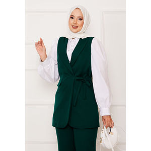 Conjunto de chaleco esmeralda con lazo lateral, blazer largo XL de fitness, cuello con lazo, tejido de lana y poliéster, botones decorativos, color esmeralda, para fitness. - Product Image 2