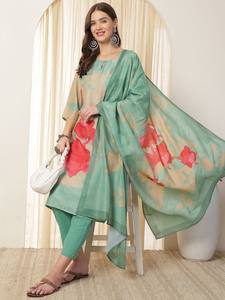 Mujeres verde floral impreso Keyhole Neck Pure Silk Straight Kurta con pantalones y Dupatta indio Pakistán traje - Product Image 5