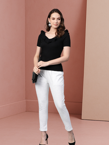 Comfortable Womens Casual Regular Fit <b>White</b> Cotton Slub Trouser Pants Soft Breathable Fabric <b>For</b> Daily Office Travel Wear - Product Image 4