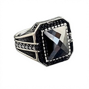 925K Sterling <b>Silver</b> Fine Men's <b>Ring</b> Square Black Garnet Gemstone Bezel <b>Set</b> Embroidered Knitted Pattern Minimalist Style - Product Image 1
