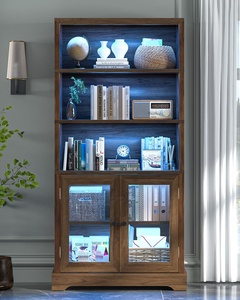 Estantería Moderna <span class=keywords><strong>de</strong></span> Nogal al por Mayor con Luces LED y Puertas <span class=keywords><strong>de</strong></span> Cristal, Mueble Alto <span class=keywords><strong>de</strong></span> Madera para Exhibición y Almacenamiento para Sala <span class=keywords><strong>de</strong></span> Estar - Product Image 2