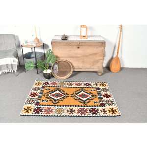 Kilim amarillo Beige Alfombra de lana 3,1X4,5 pies tejido plano turco sala de estar alfombra patrón de retazos para adolescentes para pasillo - Product Image 1