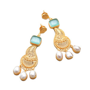 Export Brass <b>Gold</b> Plated Pearl <b>Hoop</b> <b>Earrings</b> Bulk Natural Stone Flower Design Matte Texture Nickel Free Durable High Quality - Product Image 2